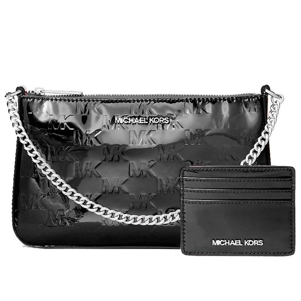 Michael Kors - Glossy Logo Embossed Canvas Clutch with Chain Strap - Black Michael Kors