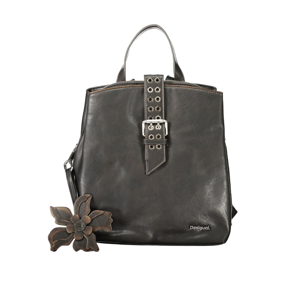Desigual - Edgy PU Leather Convertible Backpack with Floral Charm - Black Desigual