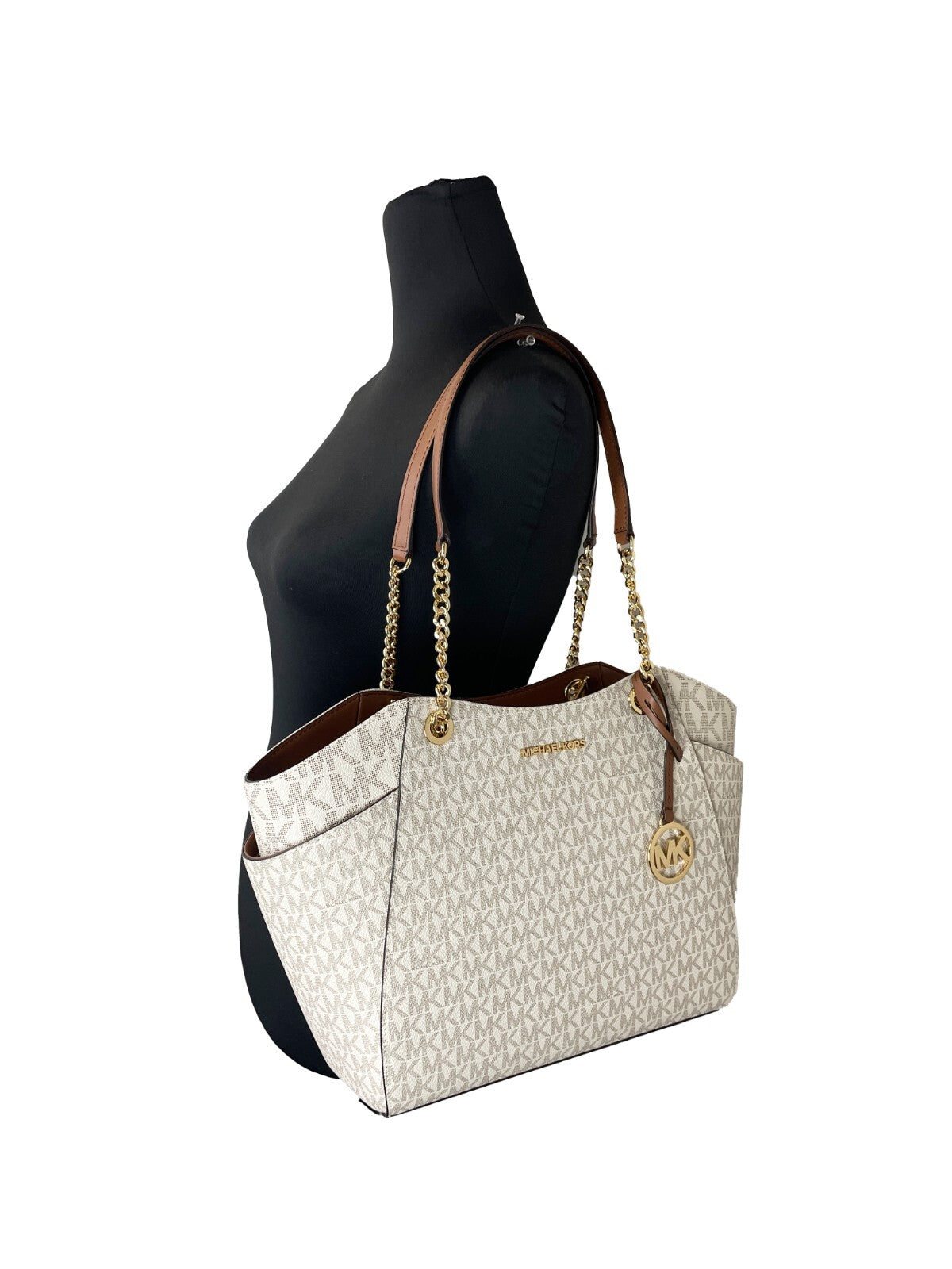 Michael Kors - Polished Signature PVC Large Logo Tote with Chain Handles - Vanilla Michael Kors