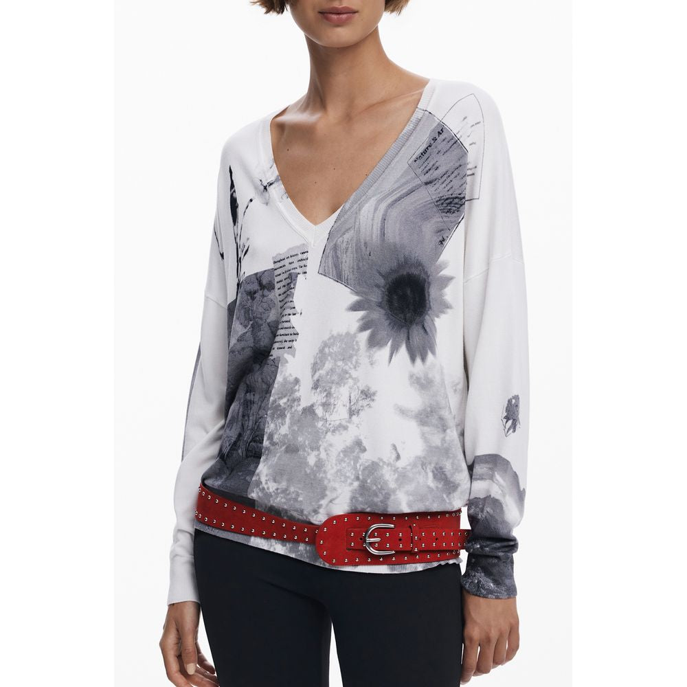 Desigual - Bold Graphic Print Relaxed Long Sleeve V-Neck Top - White Desigual